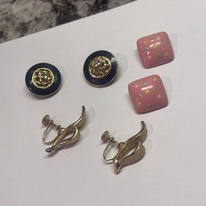 Lot Of 3 Costume Earrings Clip On Screw On  Gold Tone / Pink